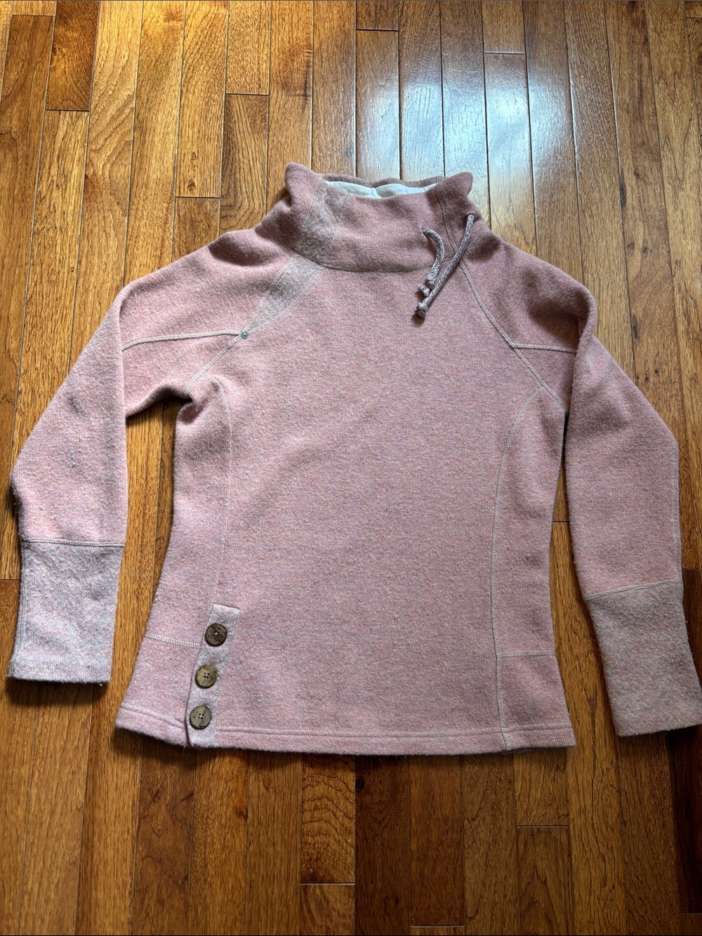 Prana Herringbone Dusty Rose Cowl Neck Sweater with Side Button Detail Small